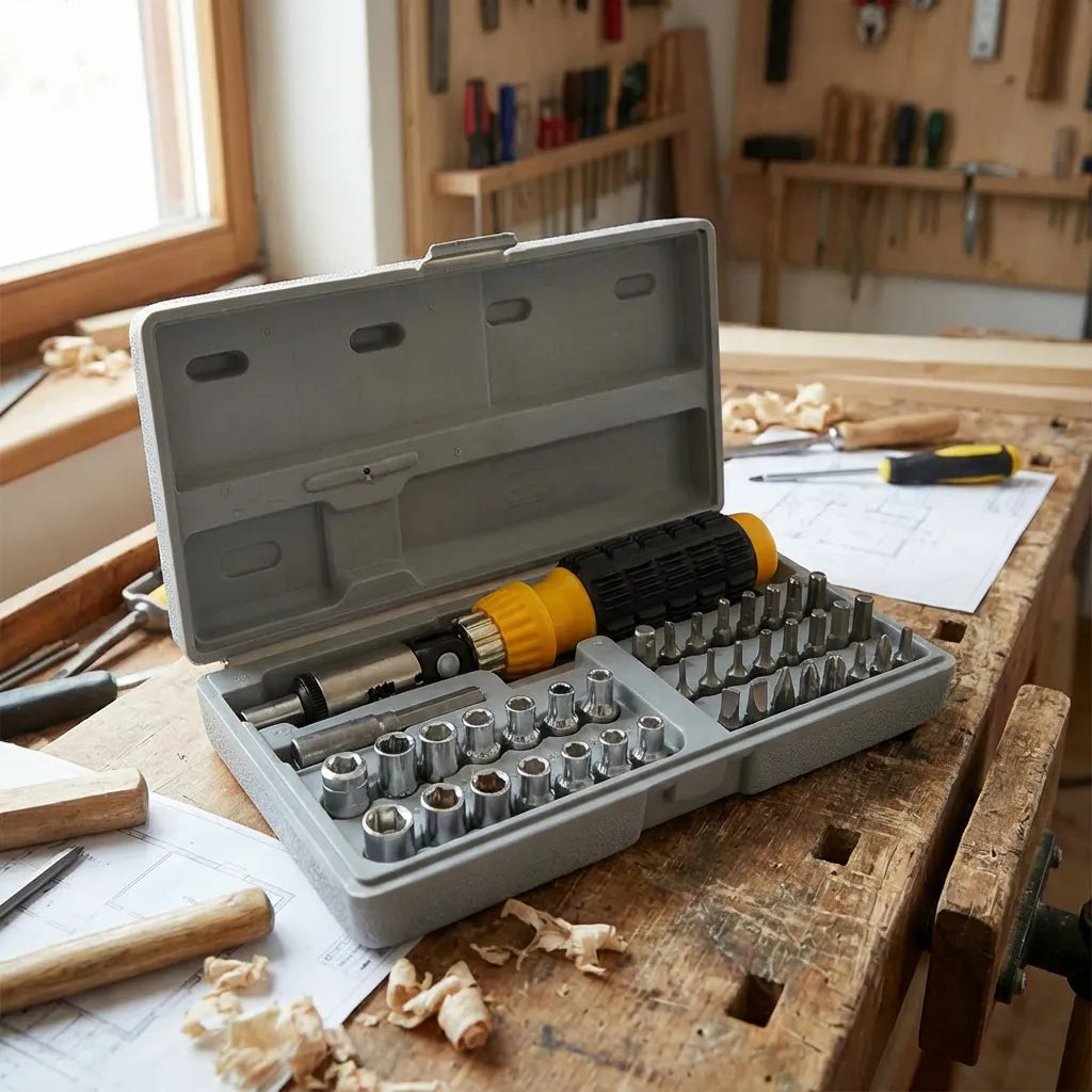 Socket tool kit with open case holding socket heads and yellow-handled driver