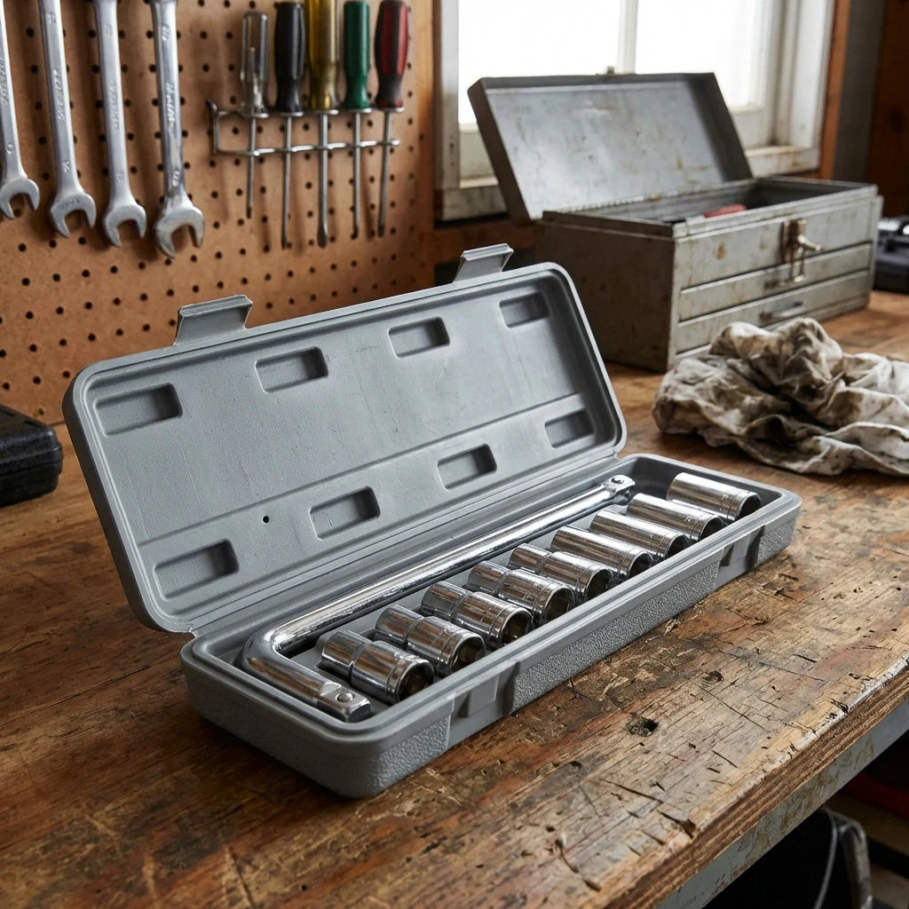 Socket wrench set in metal storage case with assorted socket heads and ratchet