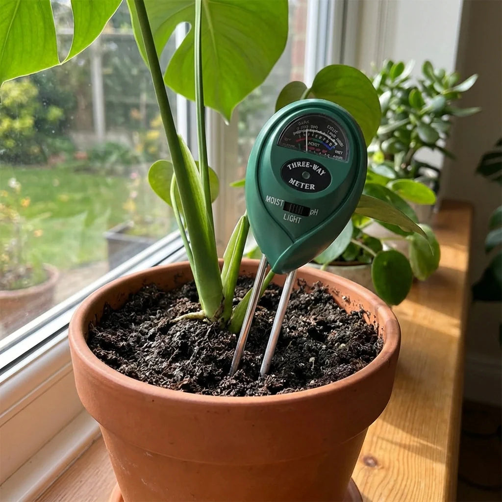 Soil plant tester meter with dual probes in terracotta pot with soil and plant