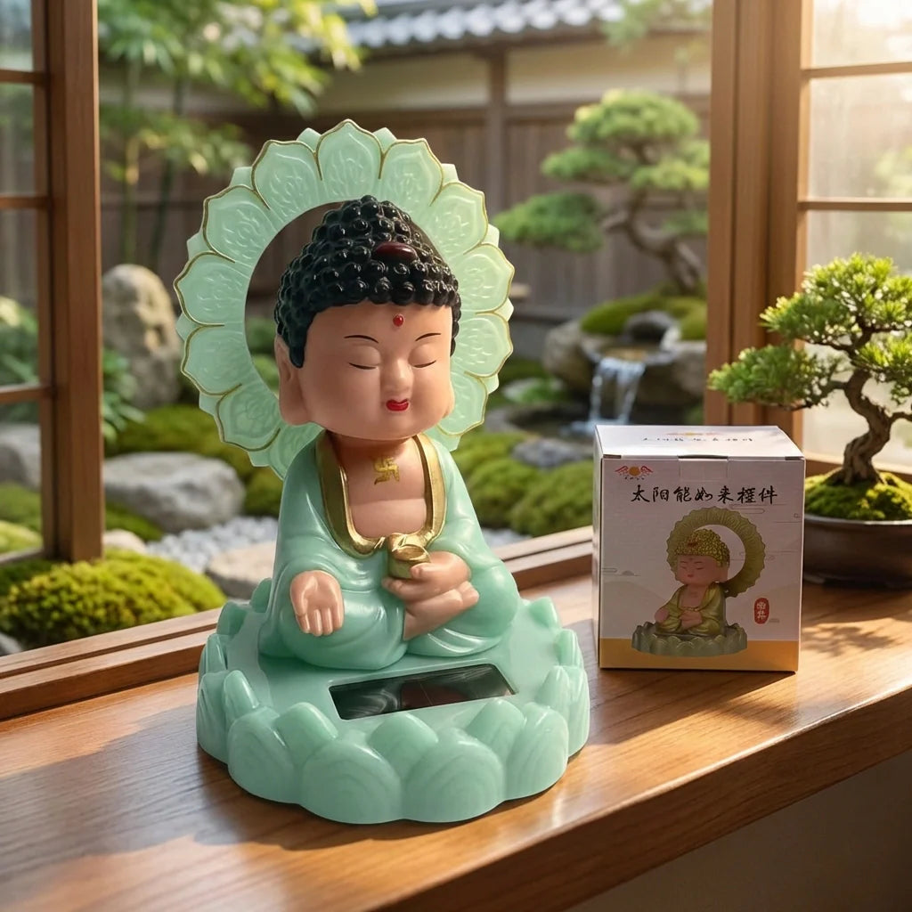 Seated Solar Buddha statue in light teal with lotus halo and gold-trimmed robe