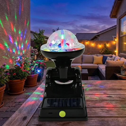Black solar disco light with power bank, rainbow projector dome on base