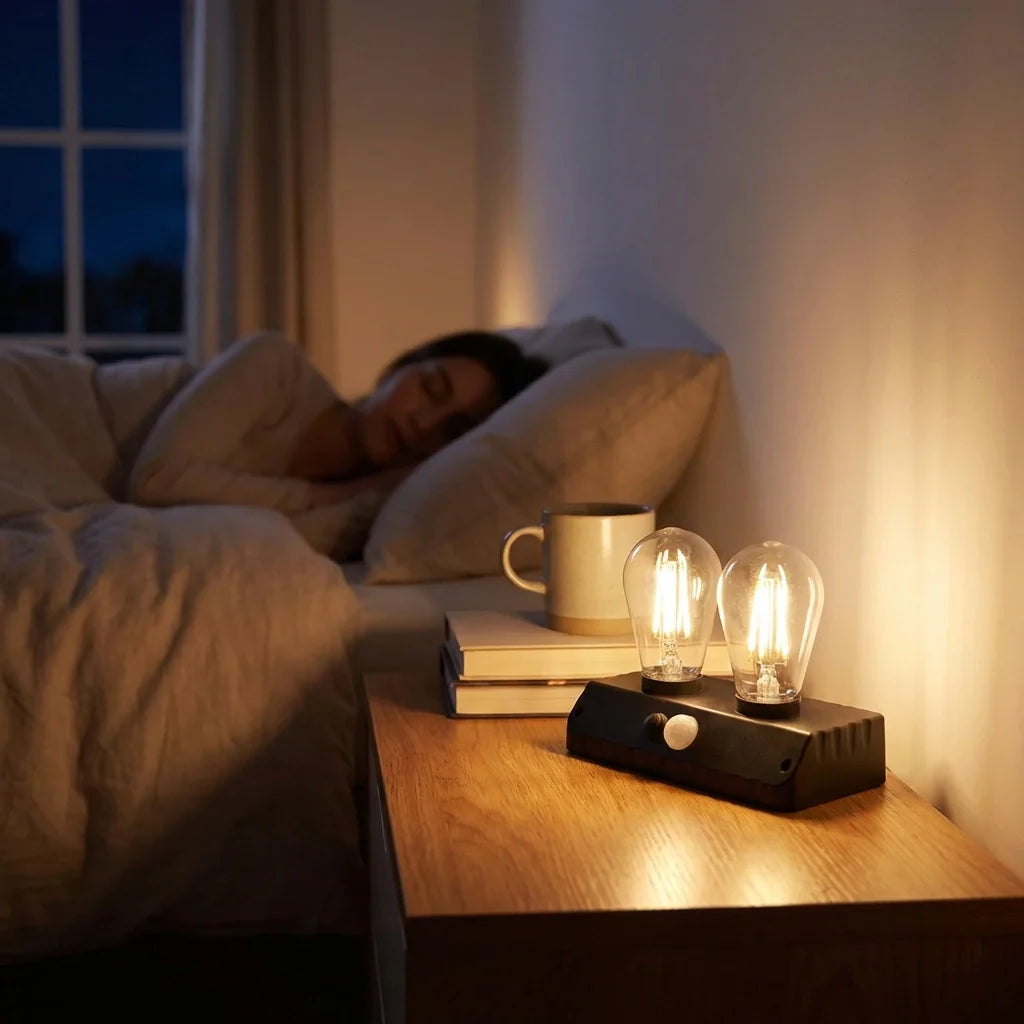 Black LED wall lamp with two exposed warm bulbs