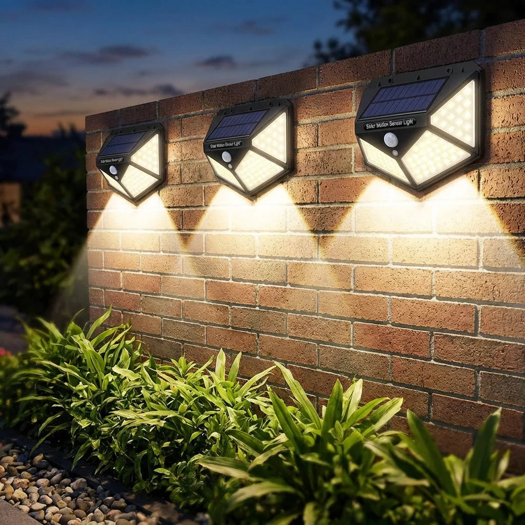 Three-pack solar wall lights with LED emitters and motion sensors