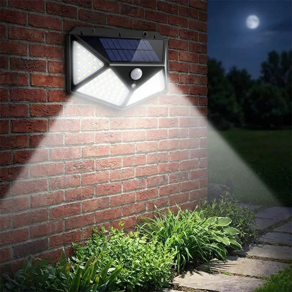 Solar wall light with large white LED panel and round motion sensor
