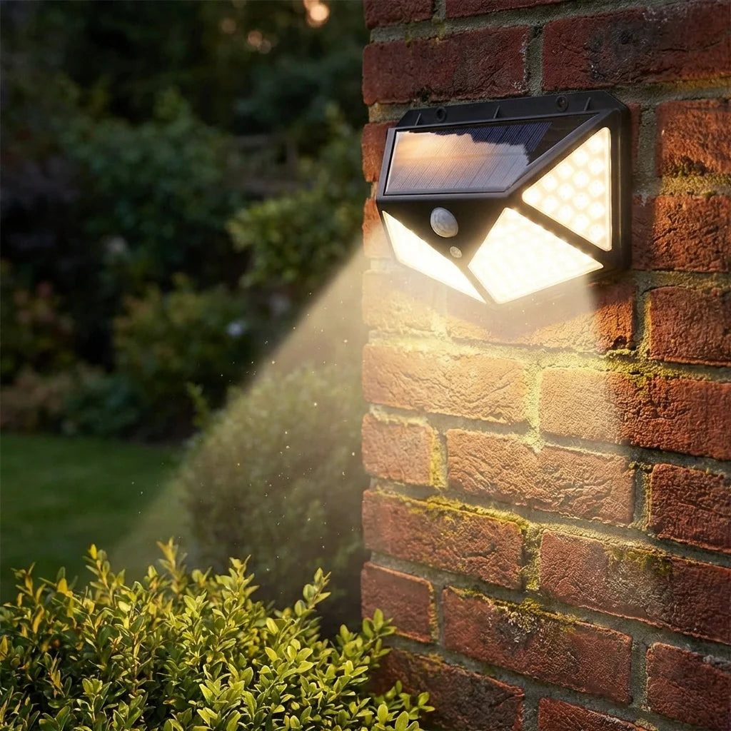 Solar wall light with LED glow and visible motion sensor under porch lights