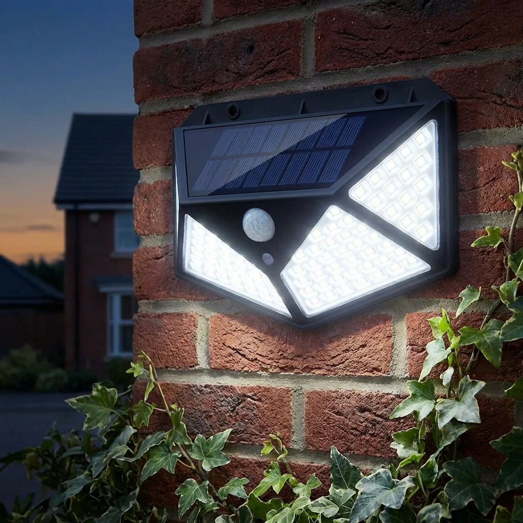 Wall-mounted solar garden light with bright LED panels and round motion sensor