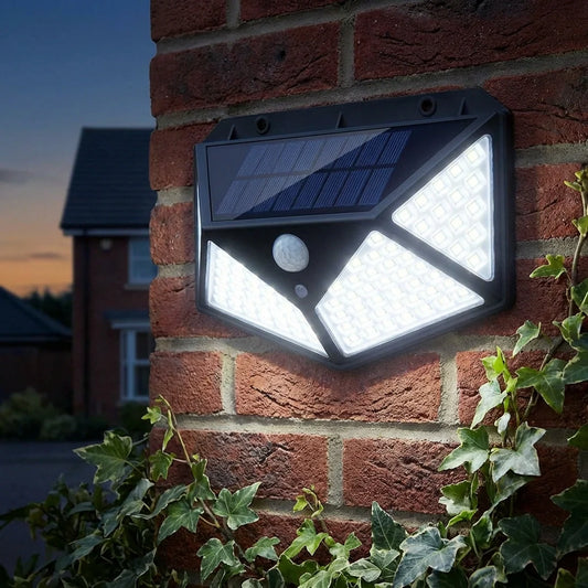 Wall-mounted solar garden light with bright LED panels and round motion sensor