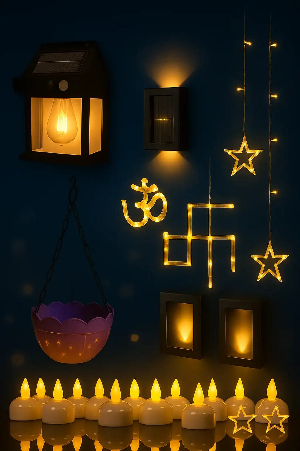 Solar-powered lantern with warm yellow light, black frame and orange interior.