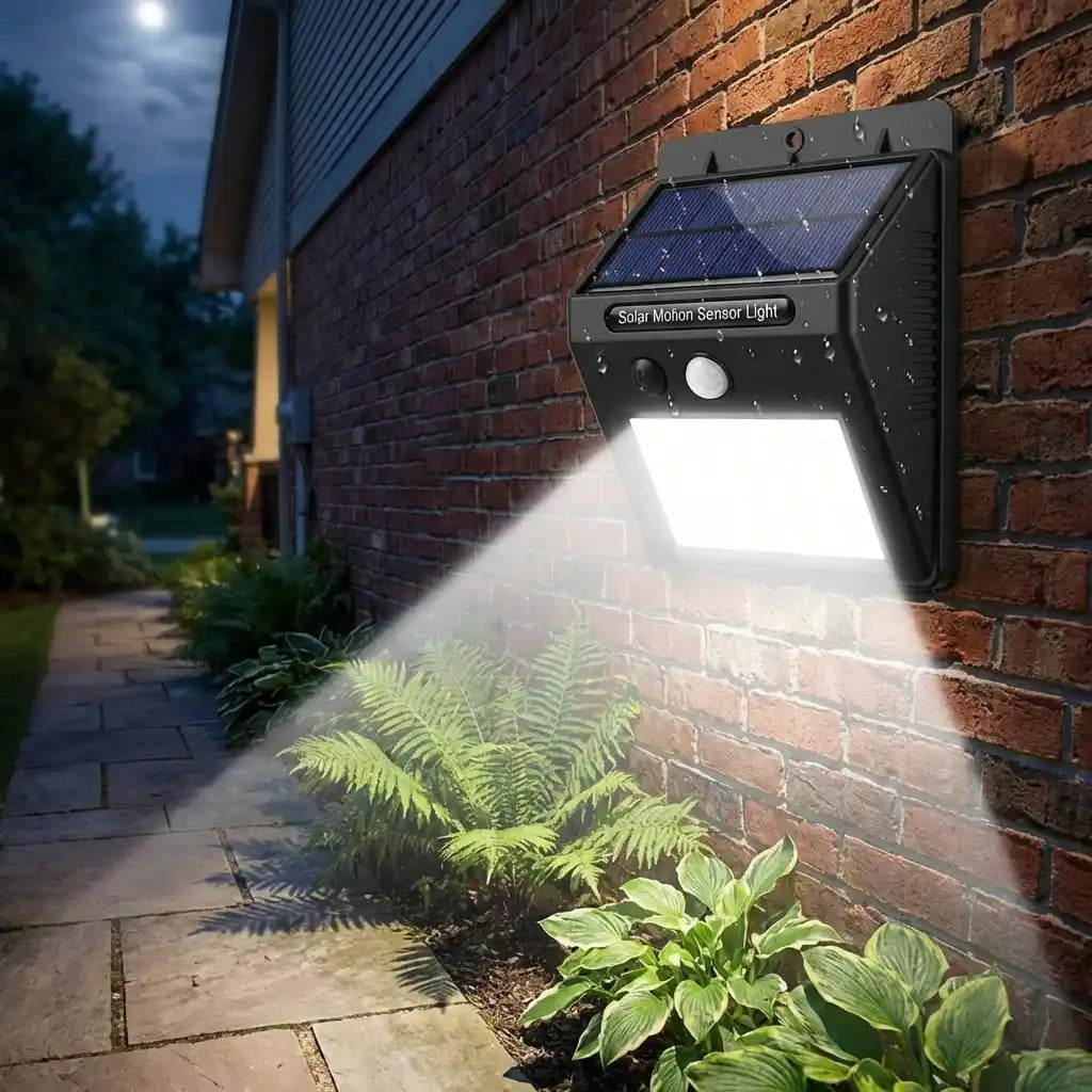 Solar motion LED wall light showing bright rectangular light and round sensor