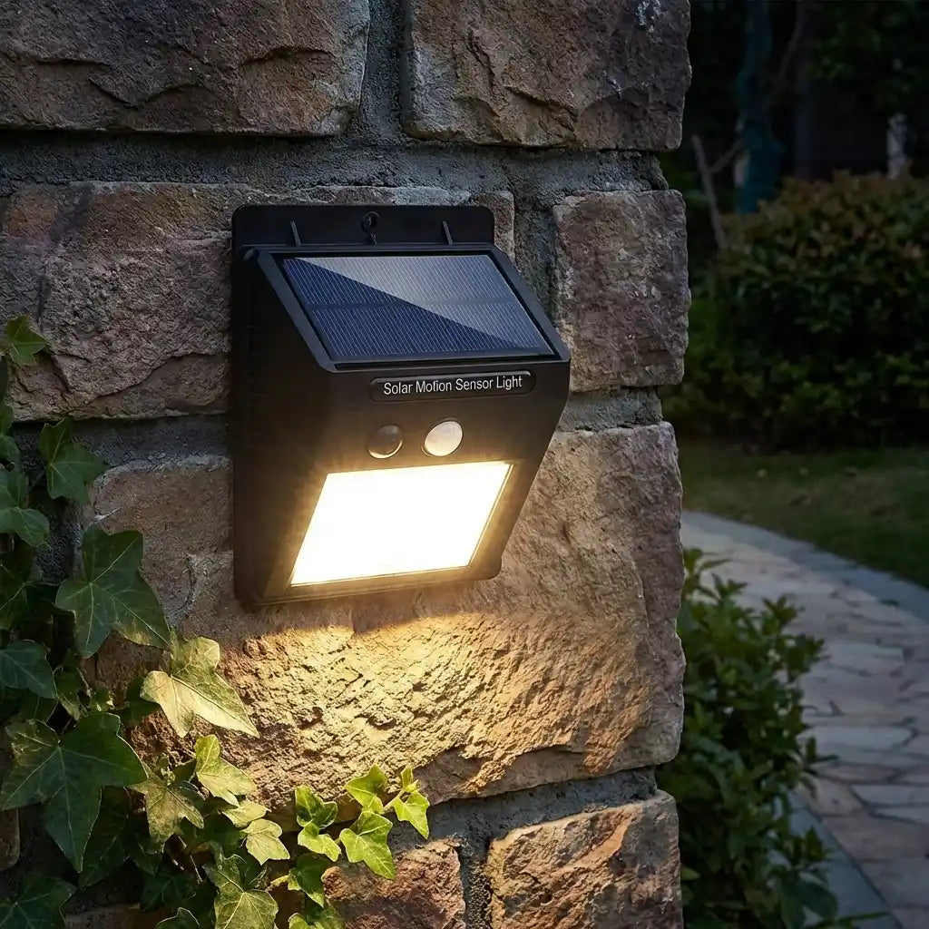 Solar motion LED wall light with solar panel, circular sensor, and warm glow