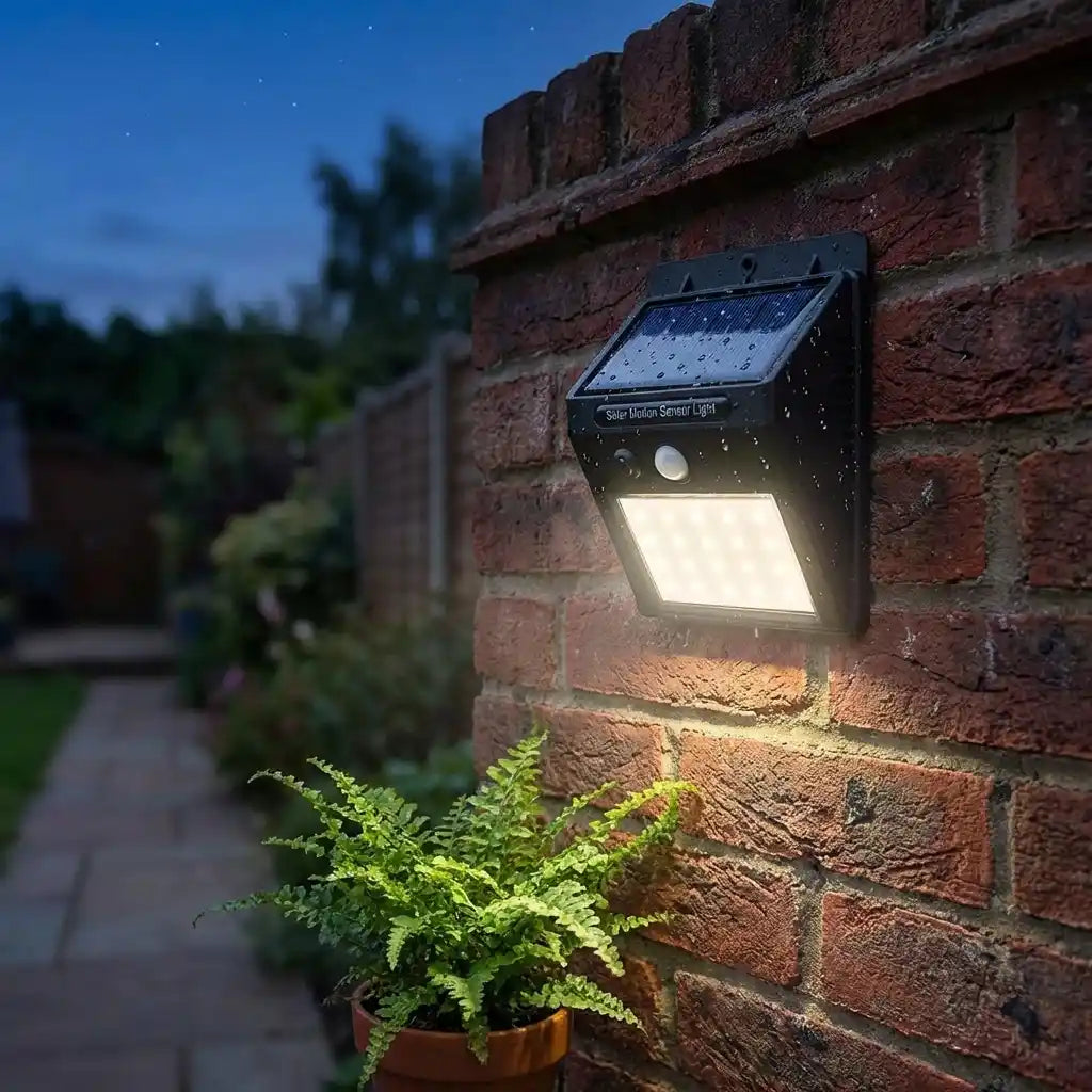 Solar motion LED wall light with solar panel and glowing rectangular LED panel