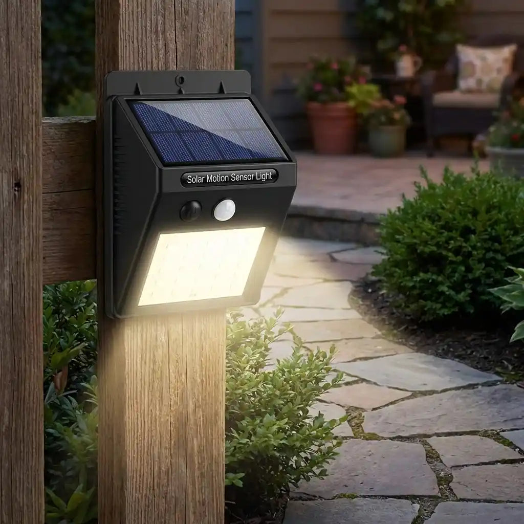 Solar motion LED wall light with solar panel, round sensor, and white LED glow