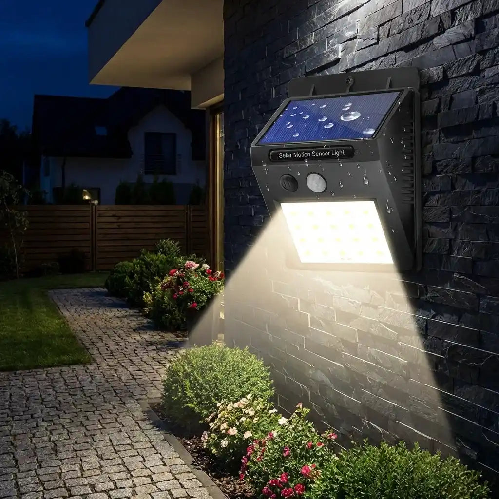 Solar motion LED wall light with solar panel and illuminated rectangular light