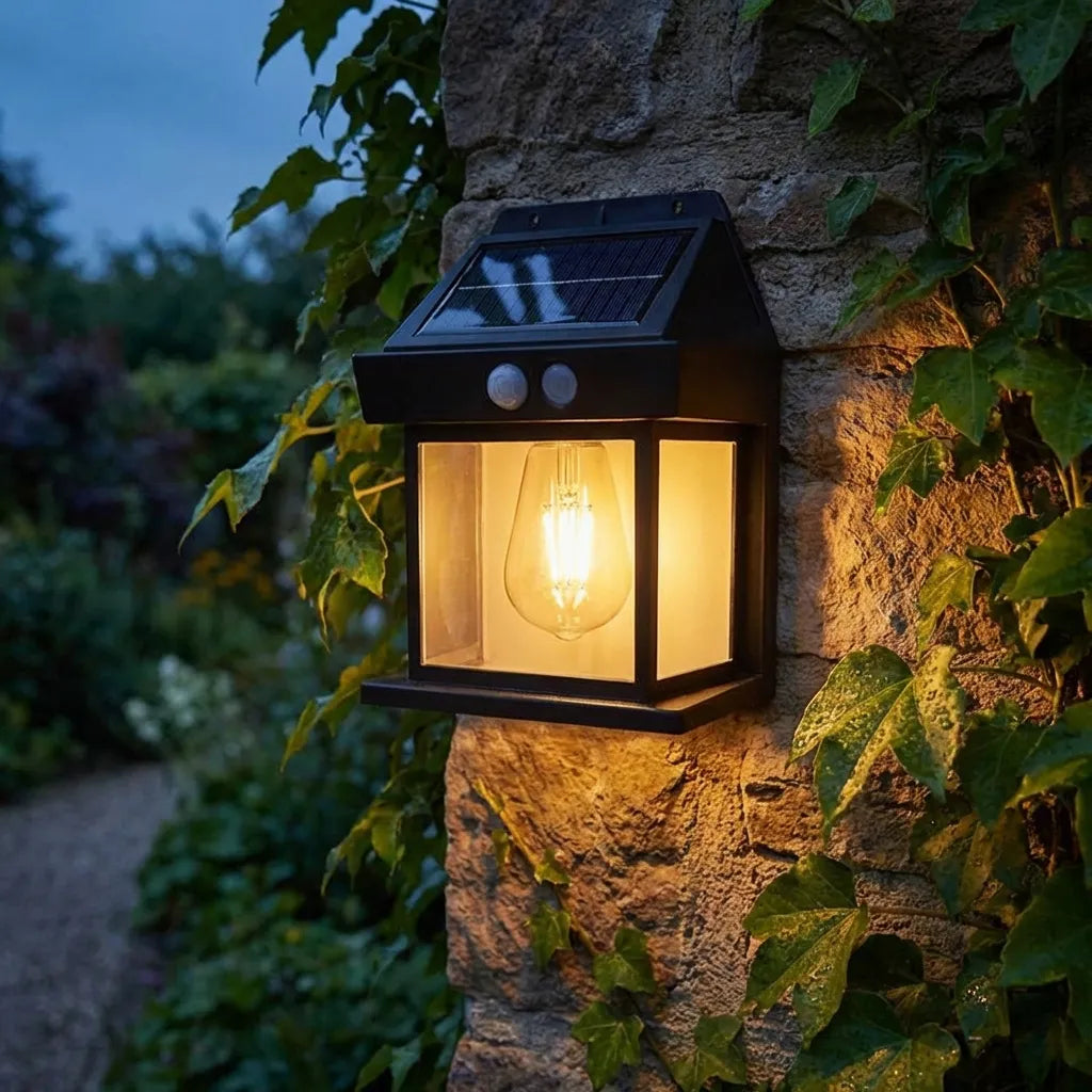 Solar wall lantern light with black frame, clear glass, solar panel top, glowing bulb