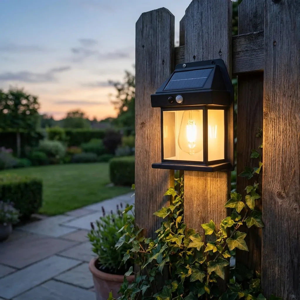 Solar wall lantern light on wood fence, black frame, solar panel top, warm glowing bulb