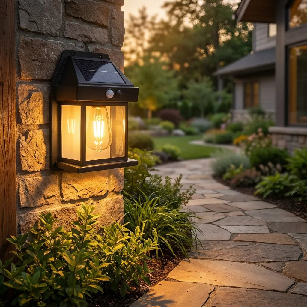 Solar wall lantern light on stone wall, black frame with solar panel, warm glowing bulb