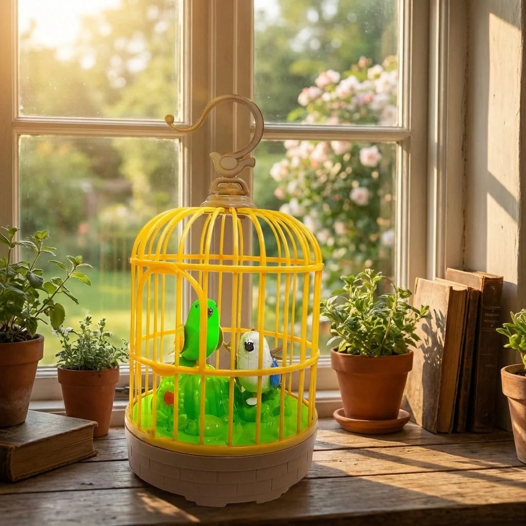 Sound-activated chirping bird toy with yellow wire cage and green bird figure