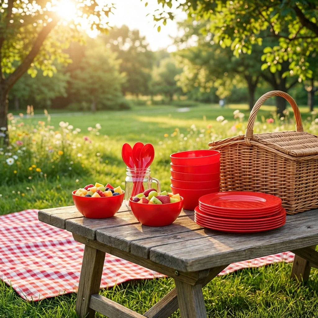 Red soup bowl set with stacked bowls and plates, basket handle beside set