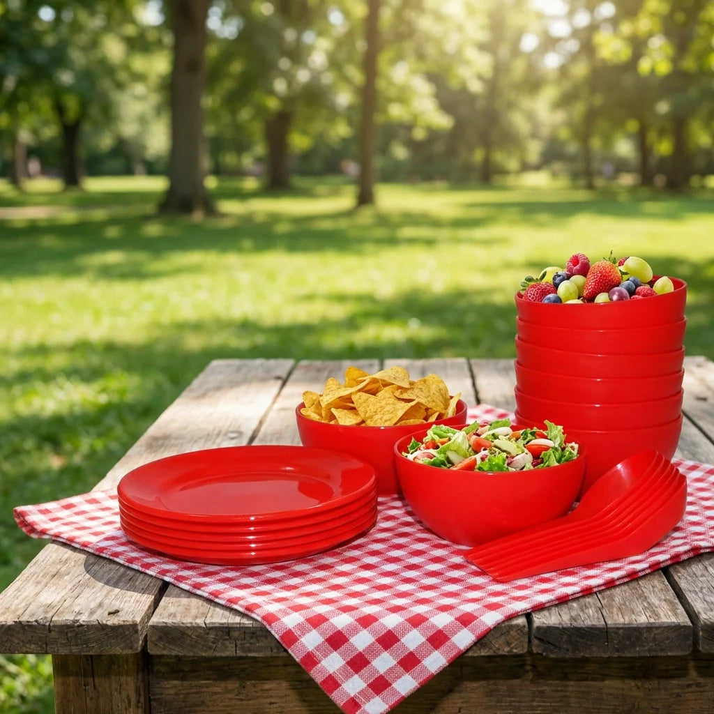 Red soup bowl set with stacked bowls, plates, and salad bowls on a checkered cloth