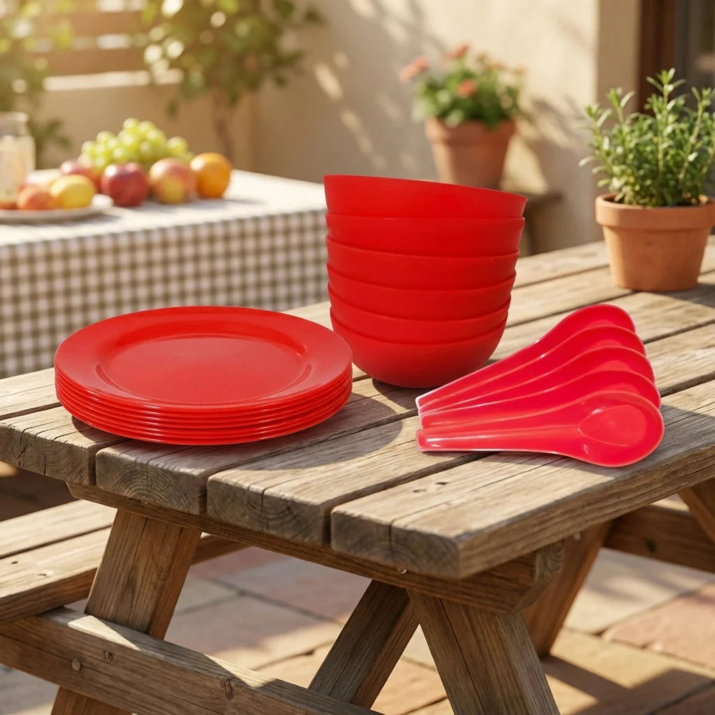 Red soup bowl set with stacked bowls and matching plates, on a patio table