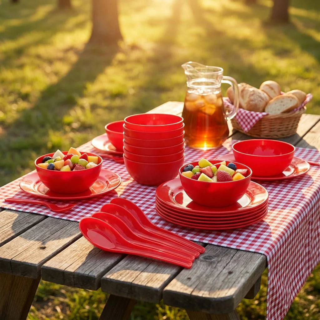 Red soup bowl set with bowls, plates, and a serving spoon, arranged on a checkered cloth