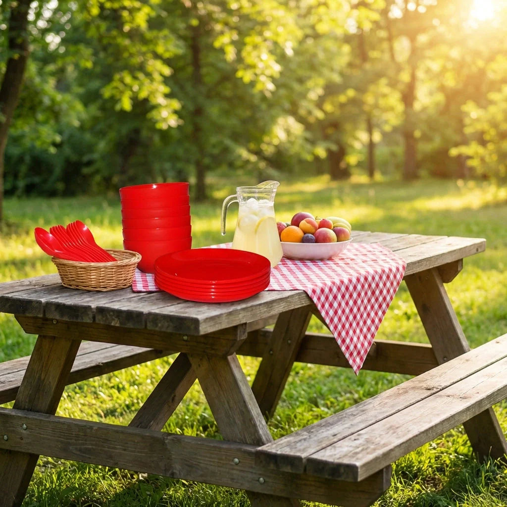 Red soup bowl set with stacked bowls and plates, on a checkered picnic cloth