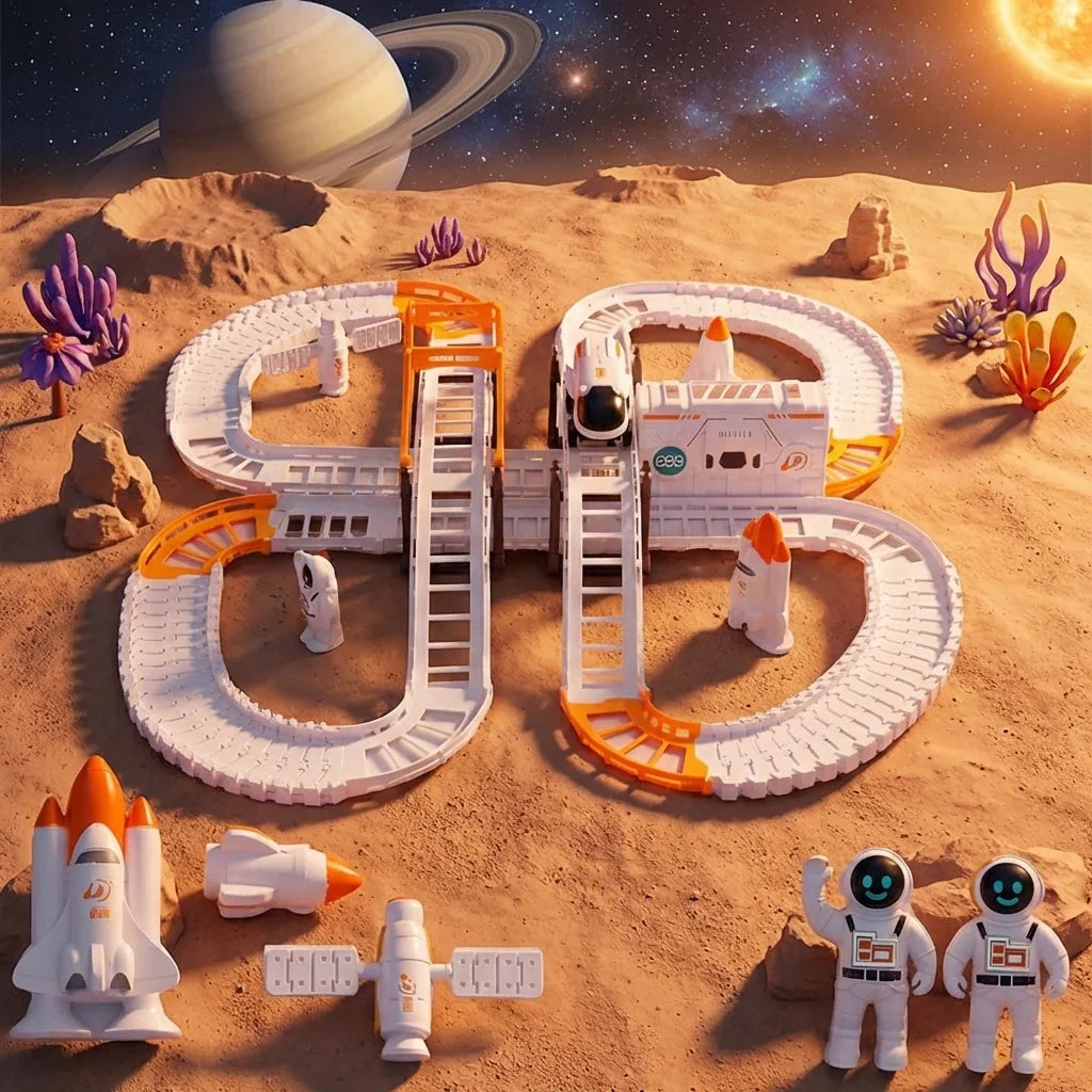Space adventure race track set with white-and-orange rails and two astronaut figures