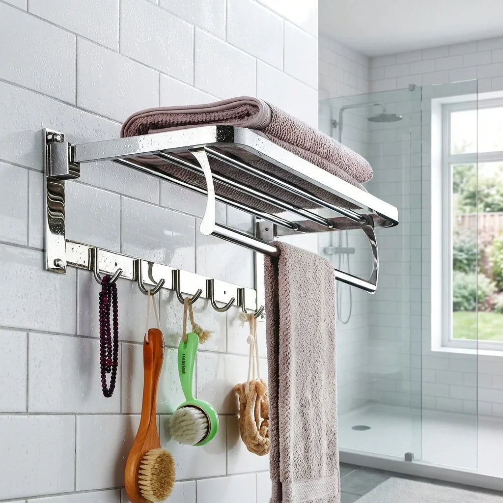 Wall-mounted folding towel rack with chrome bar, hooks, and folded hand towels