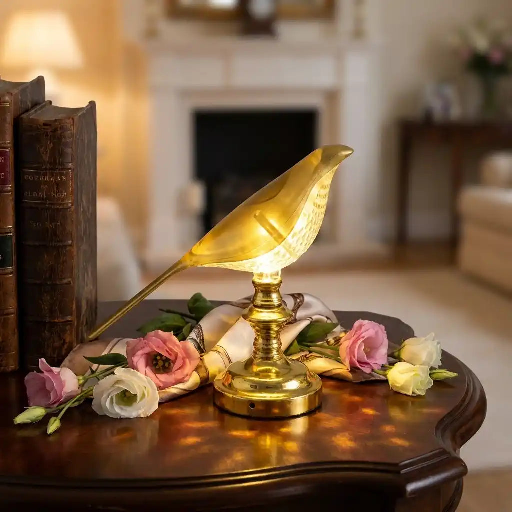 Gold sparrow LED table lamp with bird-shaped shade on a dark wood tabletop, lit.