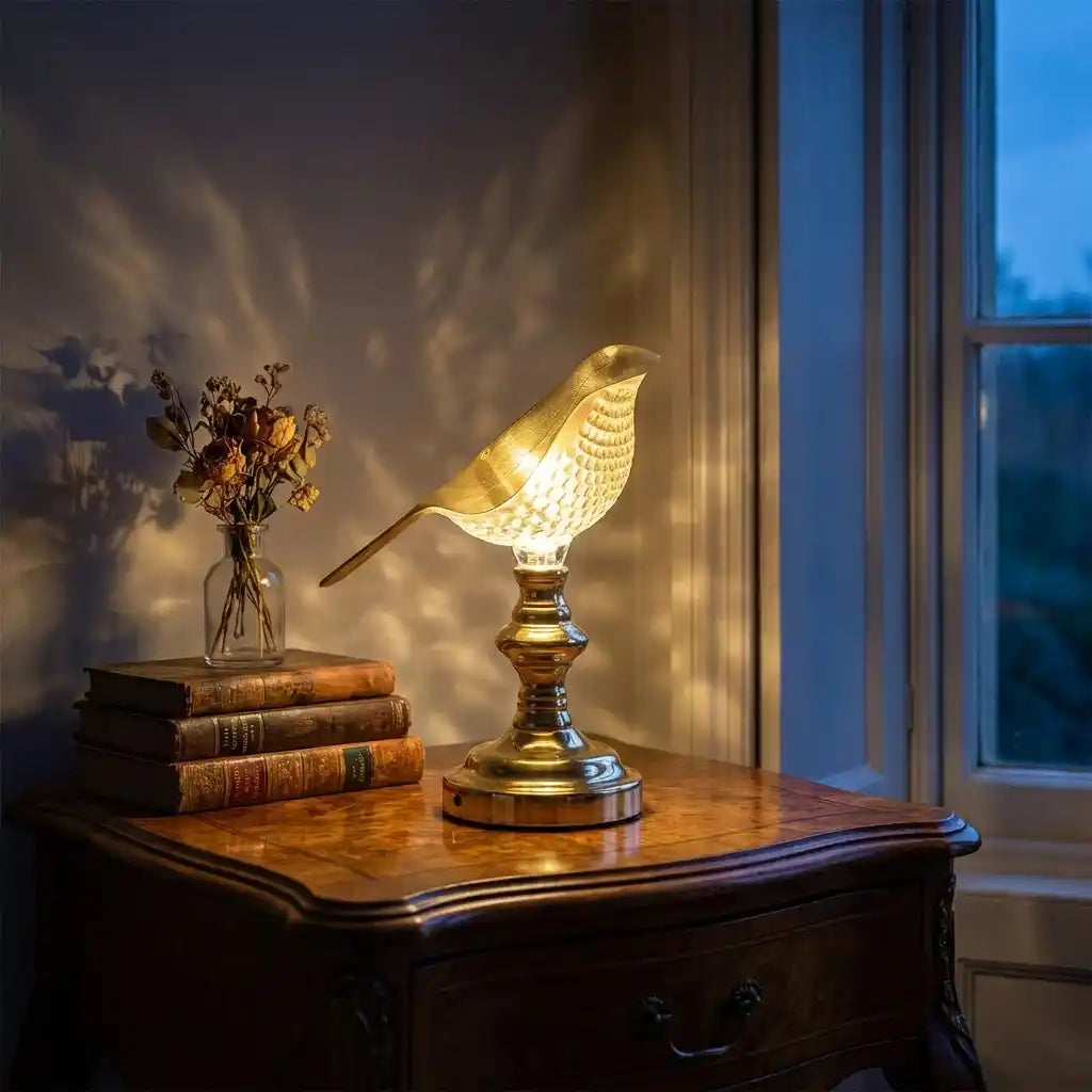 Gold sparrow LED table lamp with bird-shaped shade on wood surface, lit.