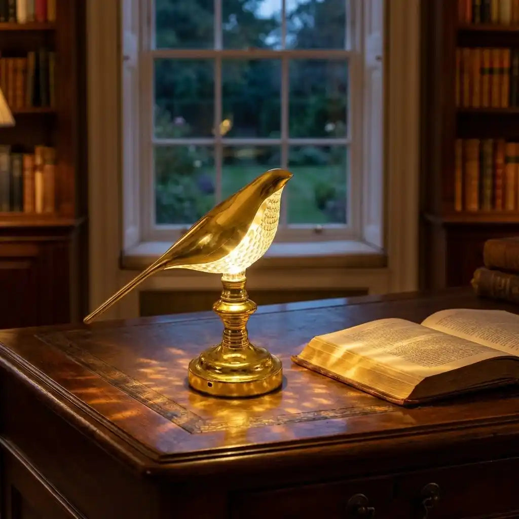 Gold sparrow LED table lamp with bird-shaped shade and ribbed base, lit beside book.