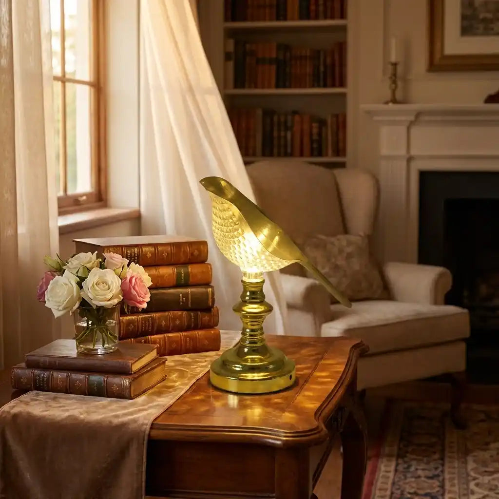 Gold sparrow-style LED table lamp with bird-shaped shade and fluted base, lit.