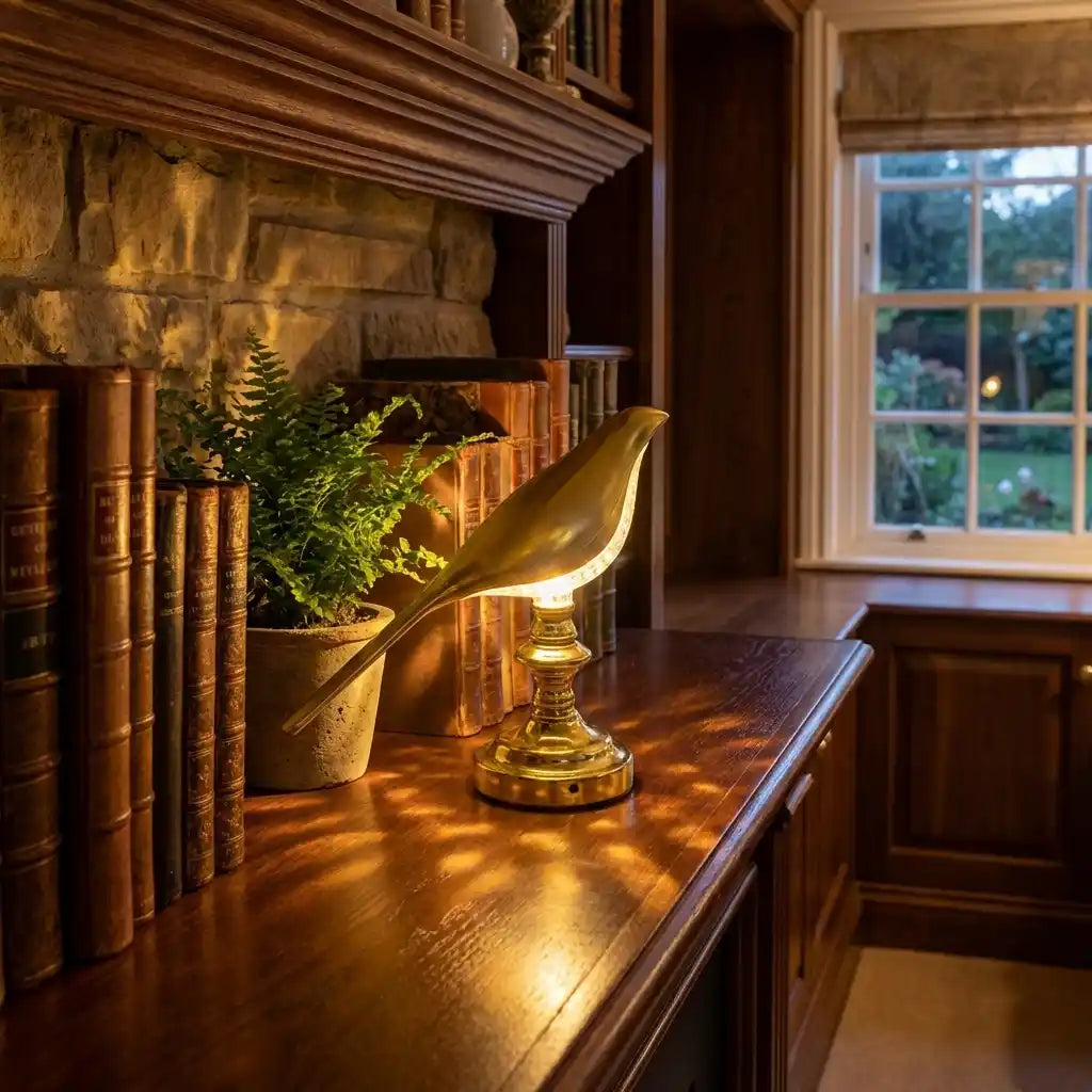 Gold sparrow-style LED table lamp with open bird-shaped shade and ornate base, lit.
