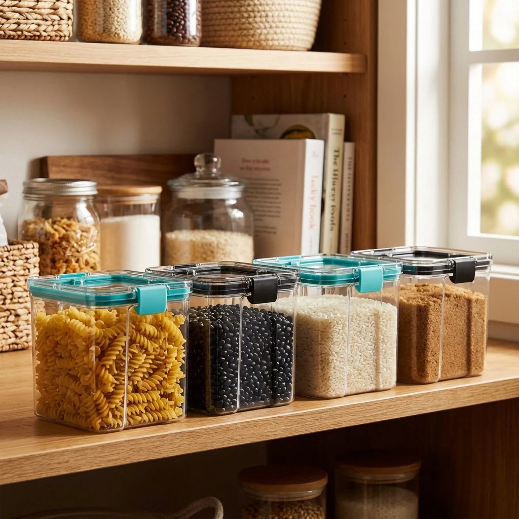 Square food storage containers with clear bodies and airtight teal and black lids