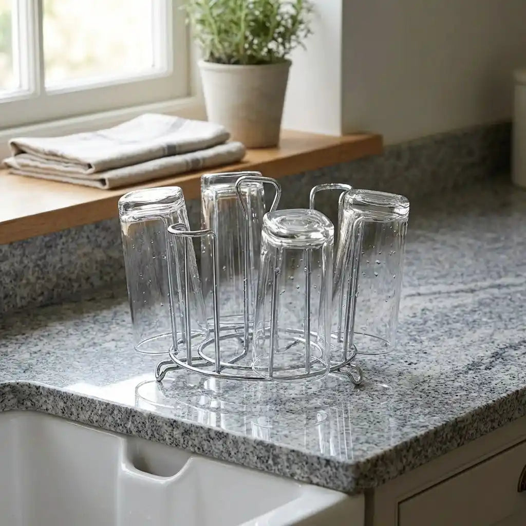 Round glass stand with clear glass canisters on a metal ring base atop countertop