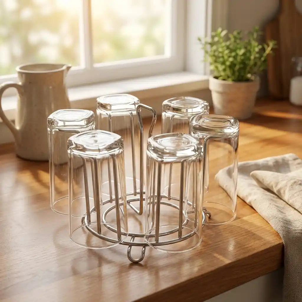 Round glass stand holding clear glass canisters with curved metal base and five slots