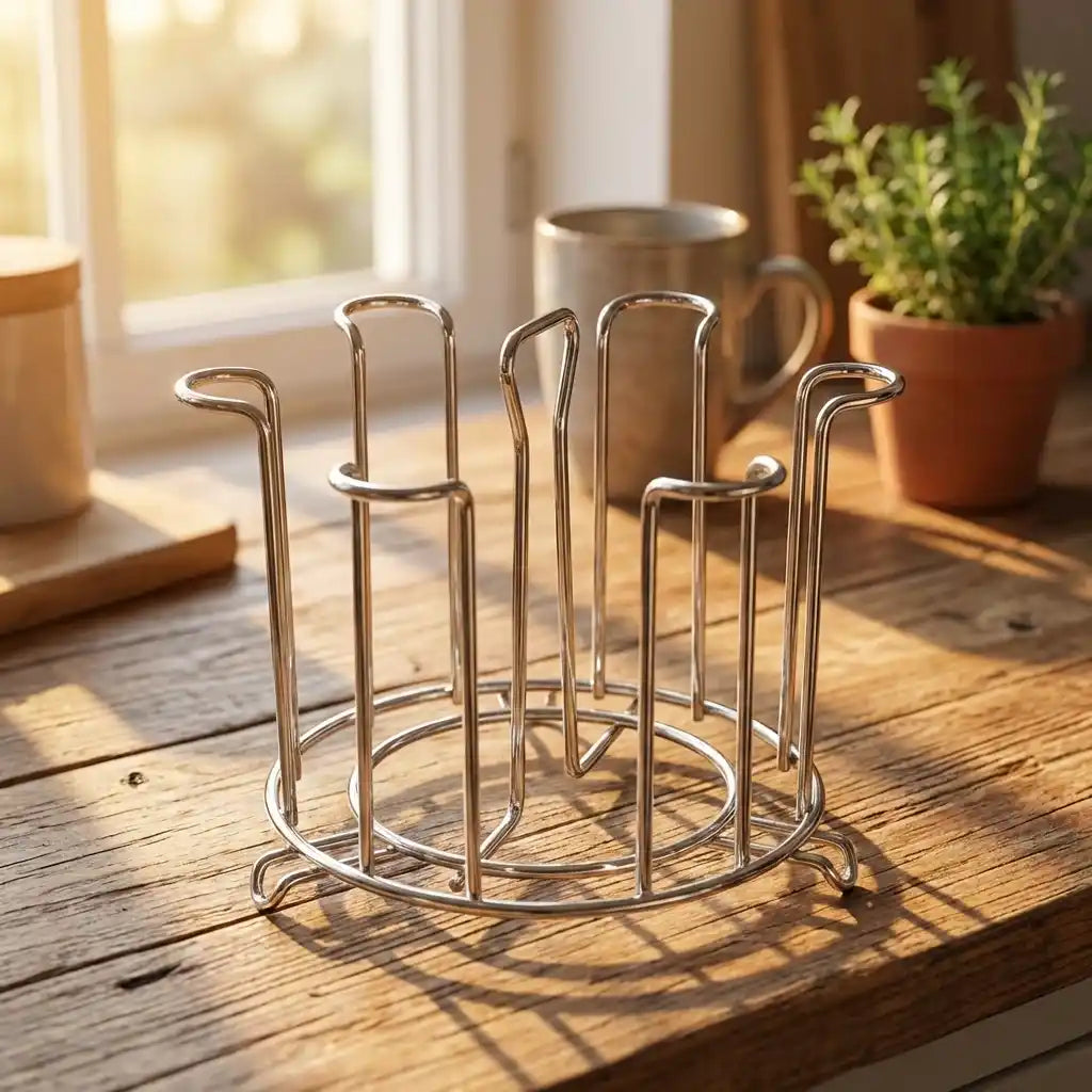 Round glass bottle holder stand with clear glass canisters and metal ring base, five slots