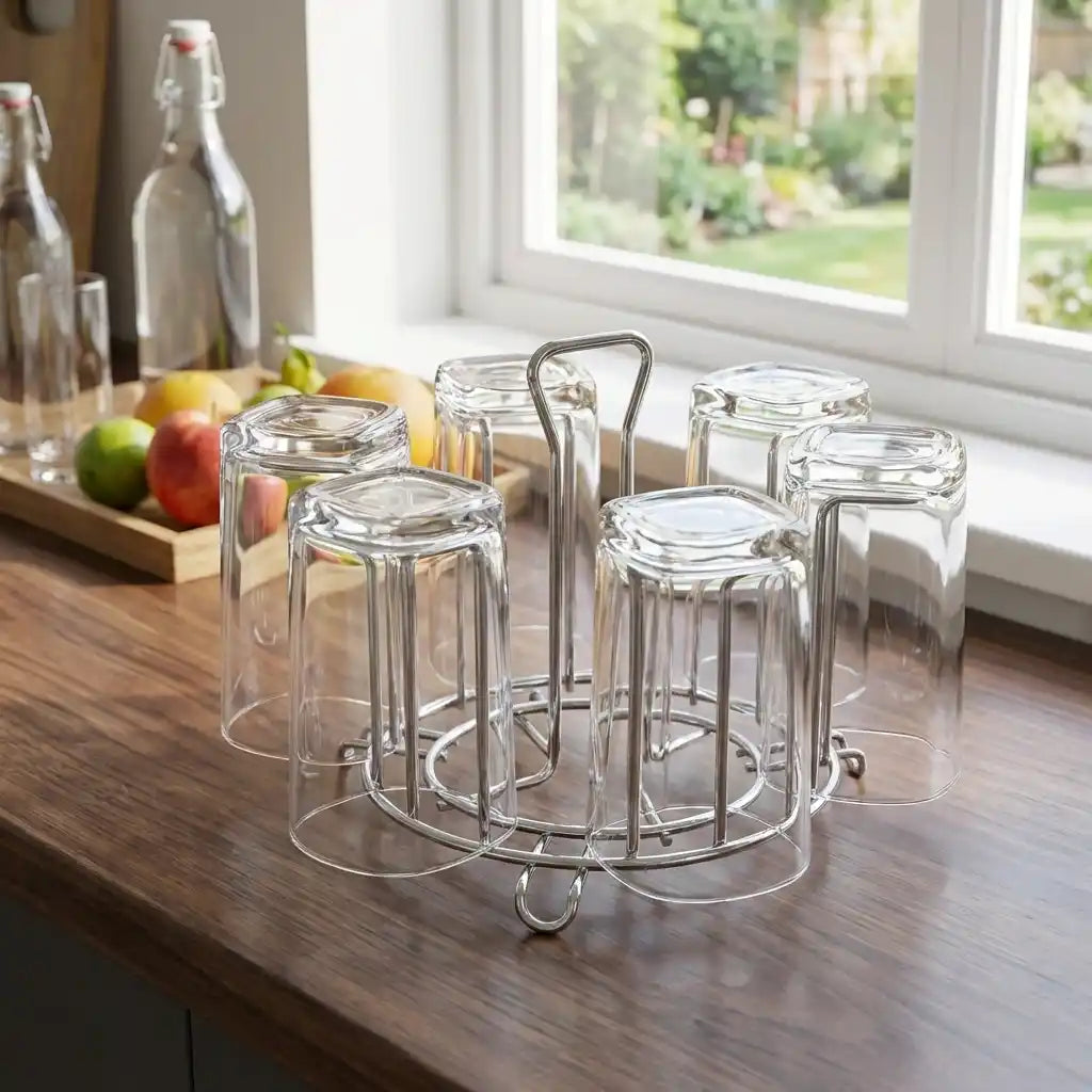 Round glass bottle stand with multiple clear glass canisters and metal wire handle rack