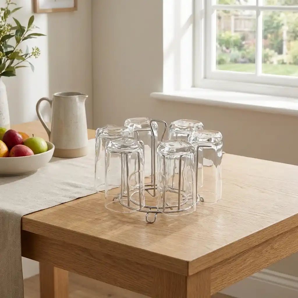 Round glass canister stand with clear jars and metal wire center support, five openings
