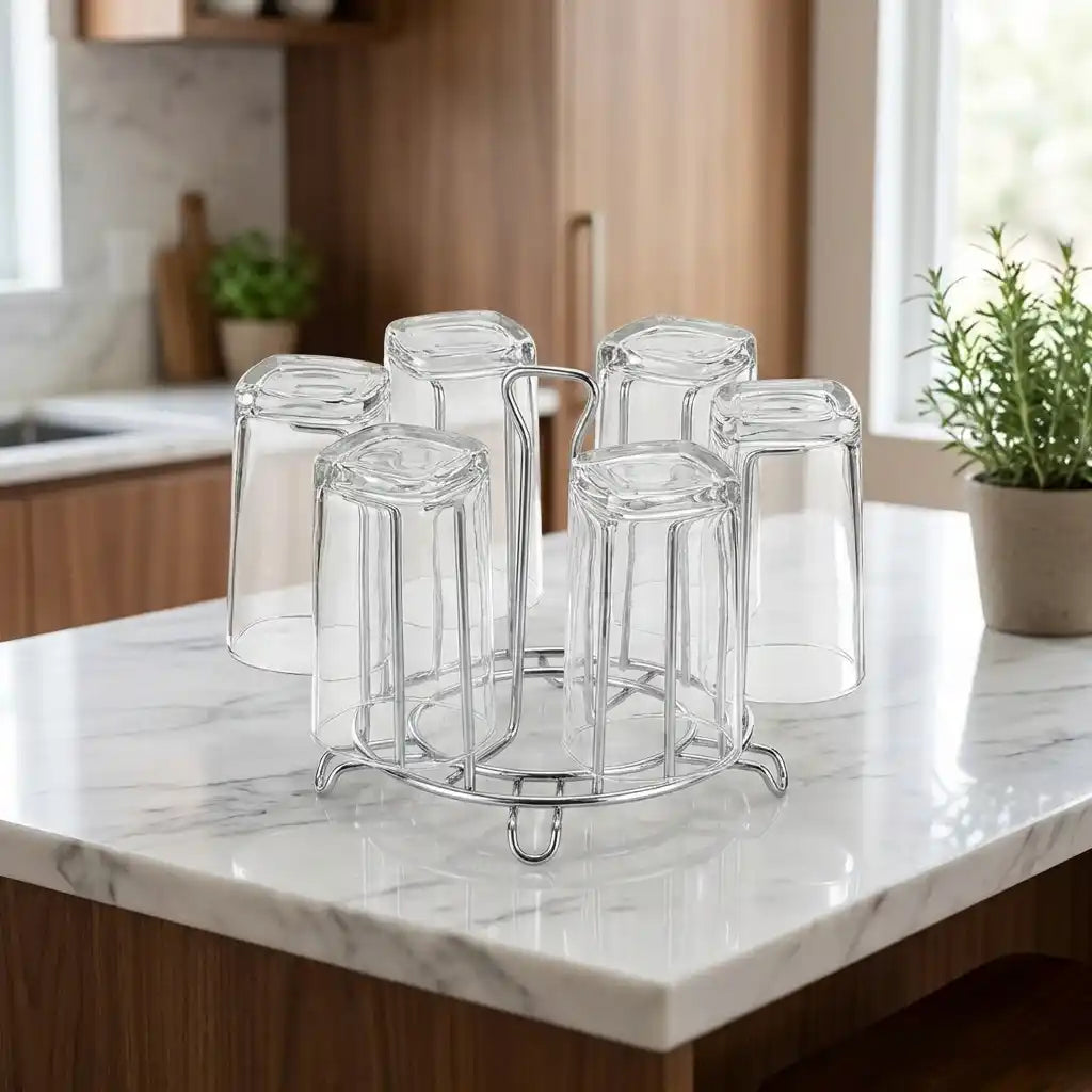 Round glass stand with six clear glass jars and metal wire legs, tabletop display