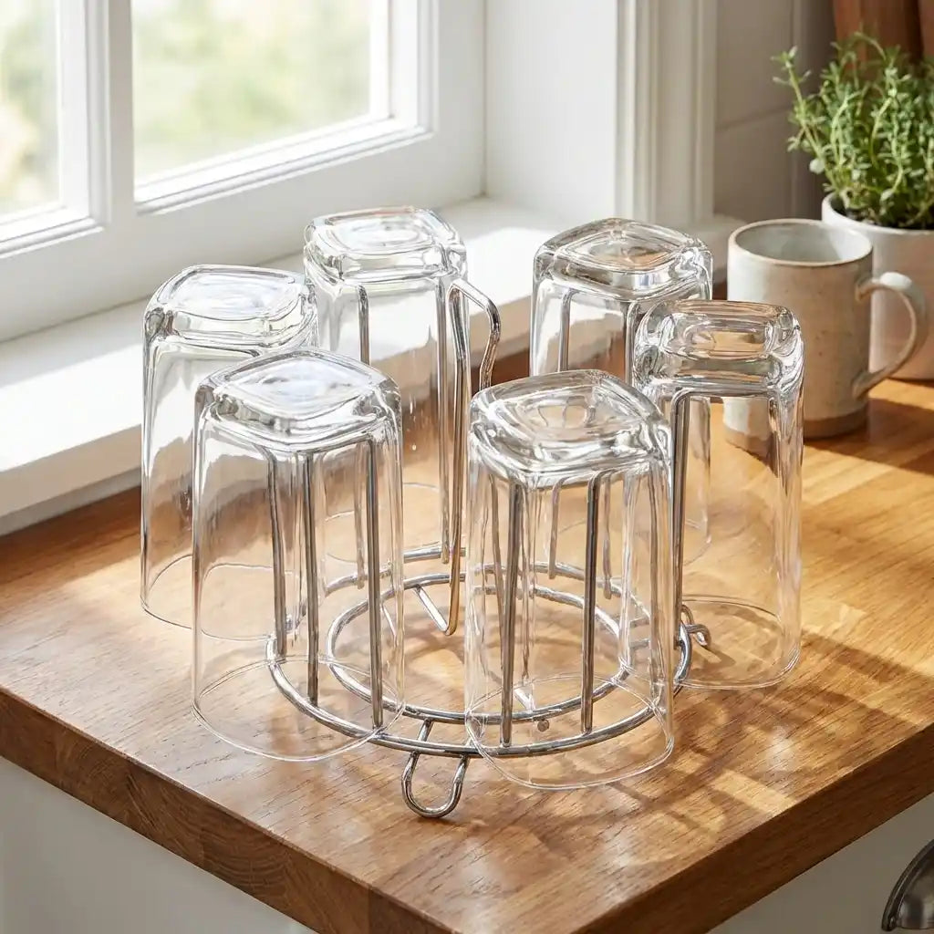 Round glass stand with clear glass canisters on a metal ring base, five-slot design