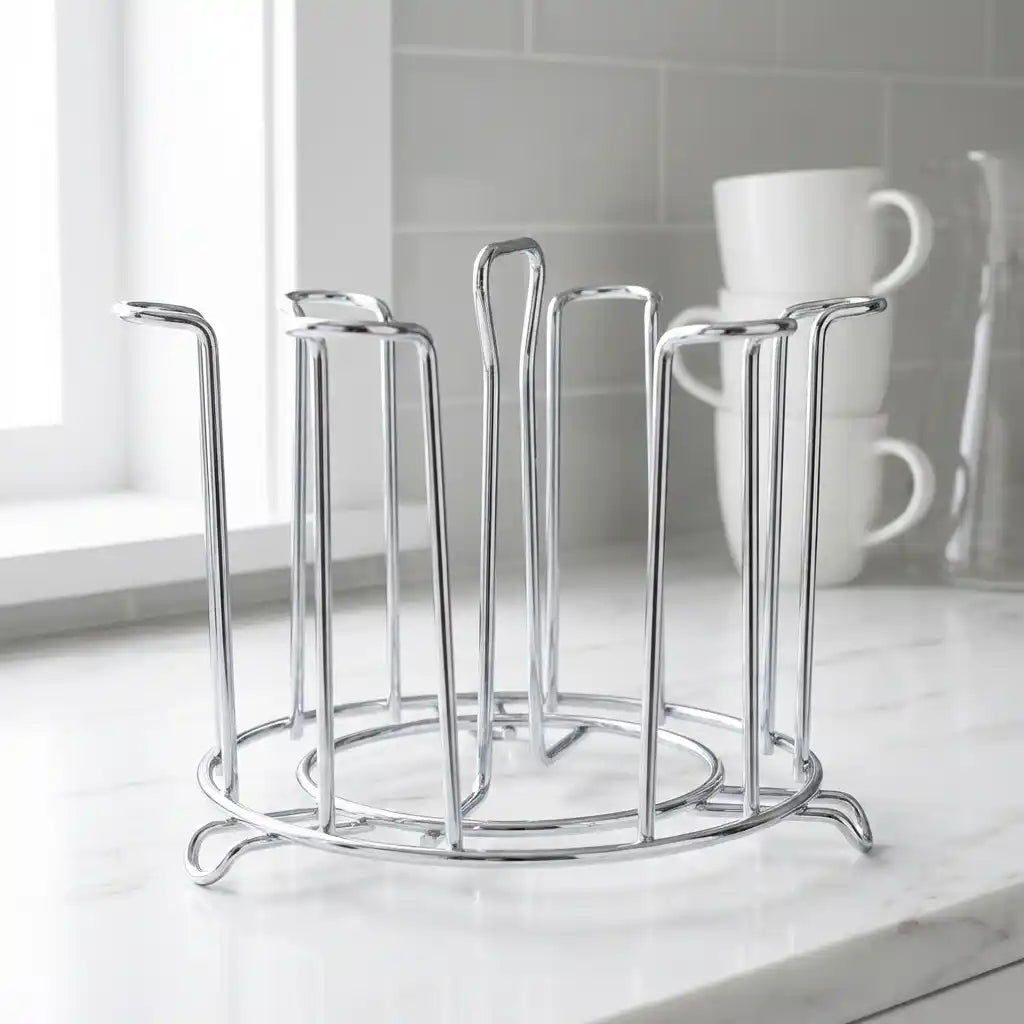 Close-up of round glass stand showing five clear glass containers on metal wire base
