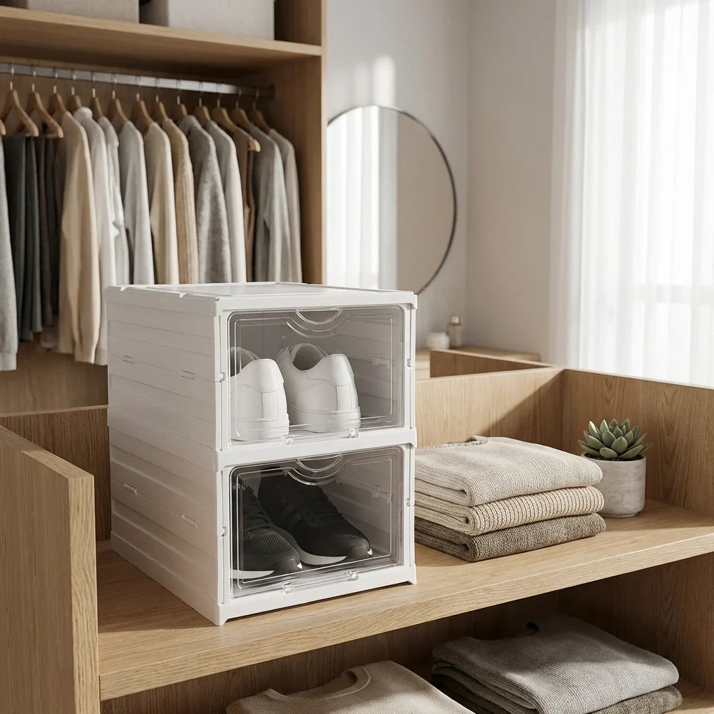 Two-layer storage organizer cart with clear front bins, white frame storing shoes on shelf