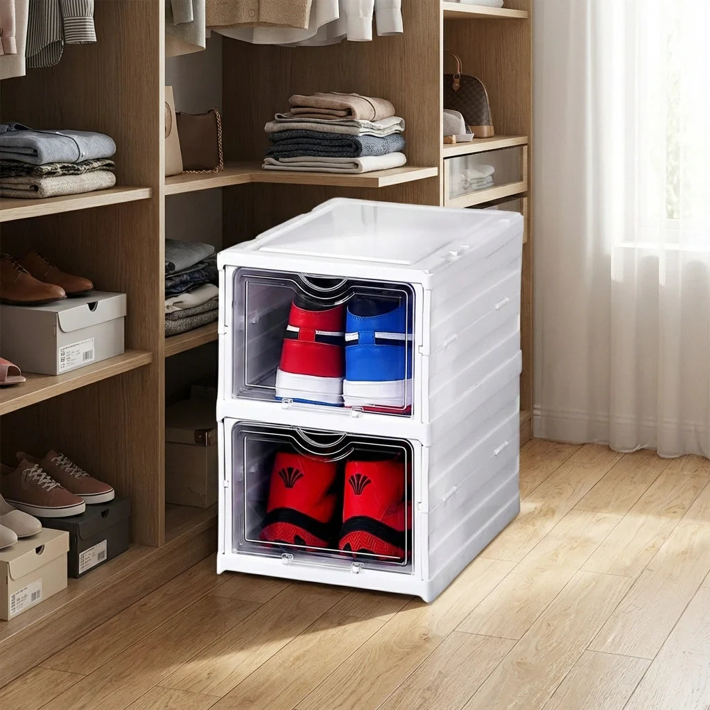 Two-layer storage organizer cart with clear top and bottom bins, white frame and handles