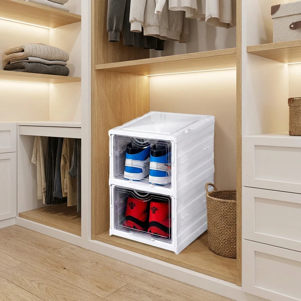 Two-layer storage organizer cart with clear front bins holding sneakers, white plastic frame
