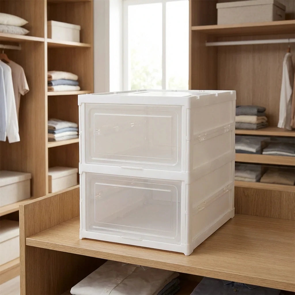 Two-layer storage organizer cart with two lidded clear bins, white frame on shelf
