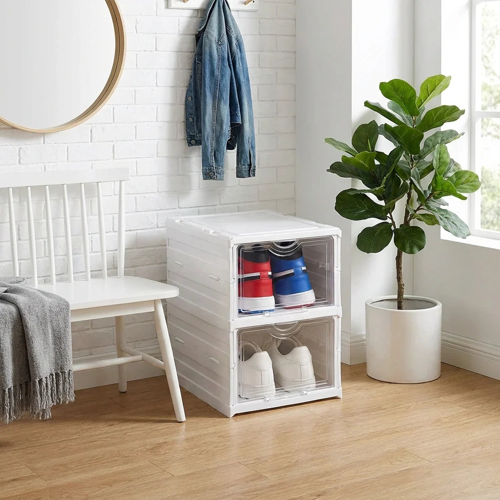 Two-layer storage organizer cart with clear bins for shoes, white frame on wood floor