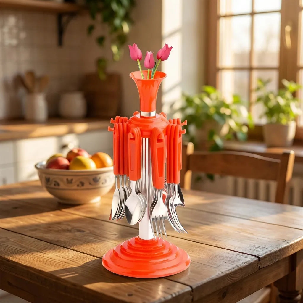 Stainless cutlery set with an orange base, metal forks and spoons, topped with a flower vase.