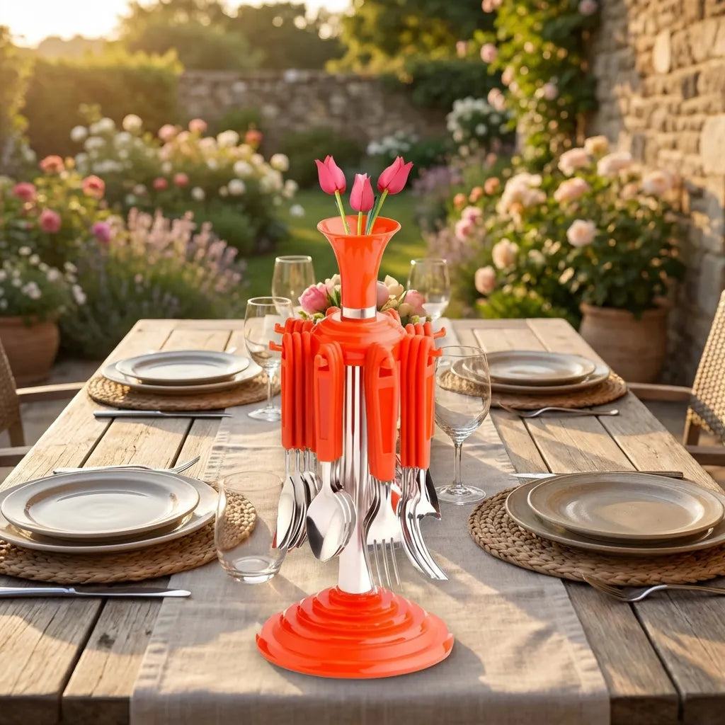 Stainless cutlery set with an orange base, metal forks and spoons rising in a bundled holder.