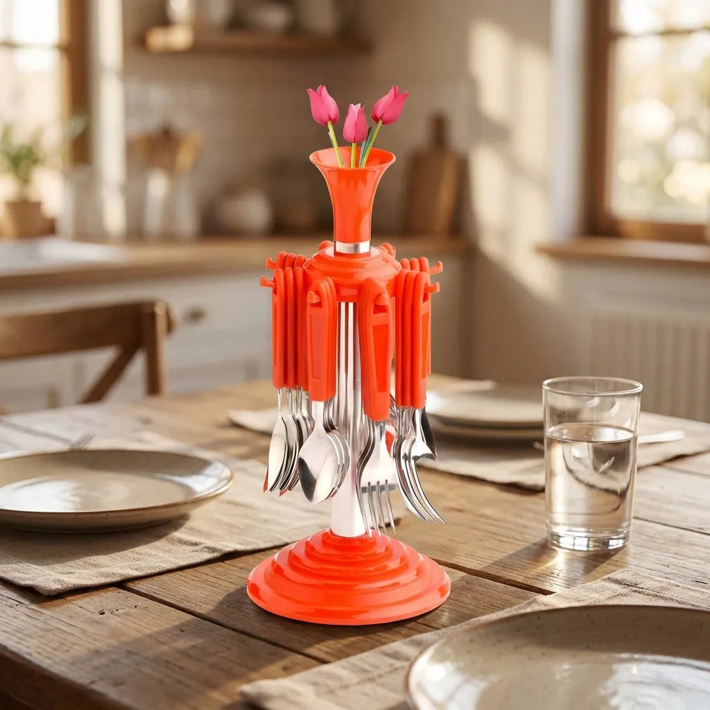 Stainless cutlery set with an orange base and metal forks and spoons, centerpiece arrangement on table.